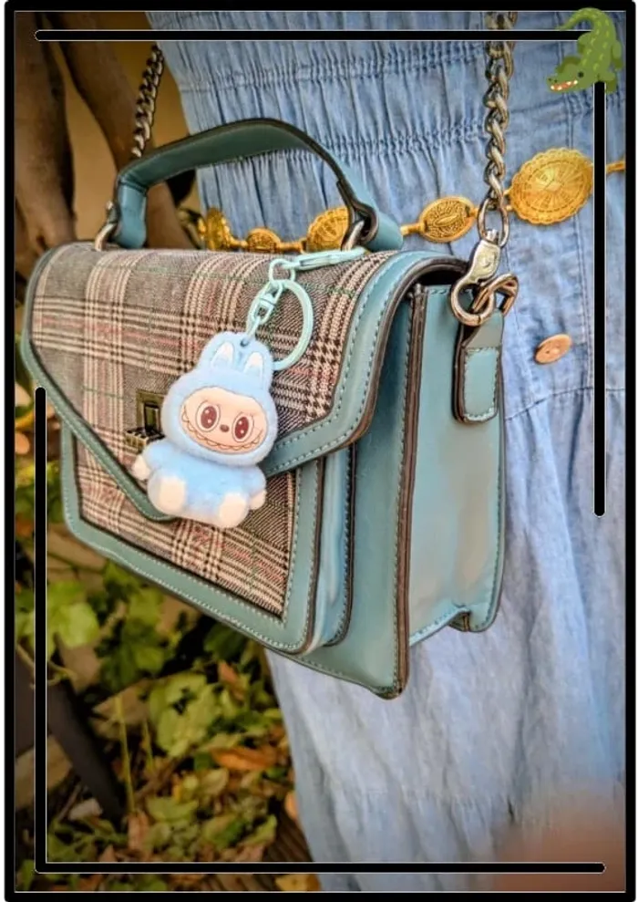 Sac bandoulière à motif tartan et simili cuir bleu canard - photo numéro 3
