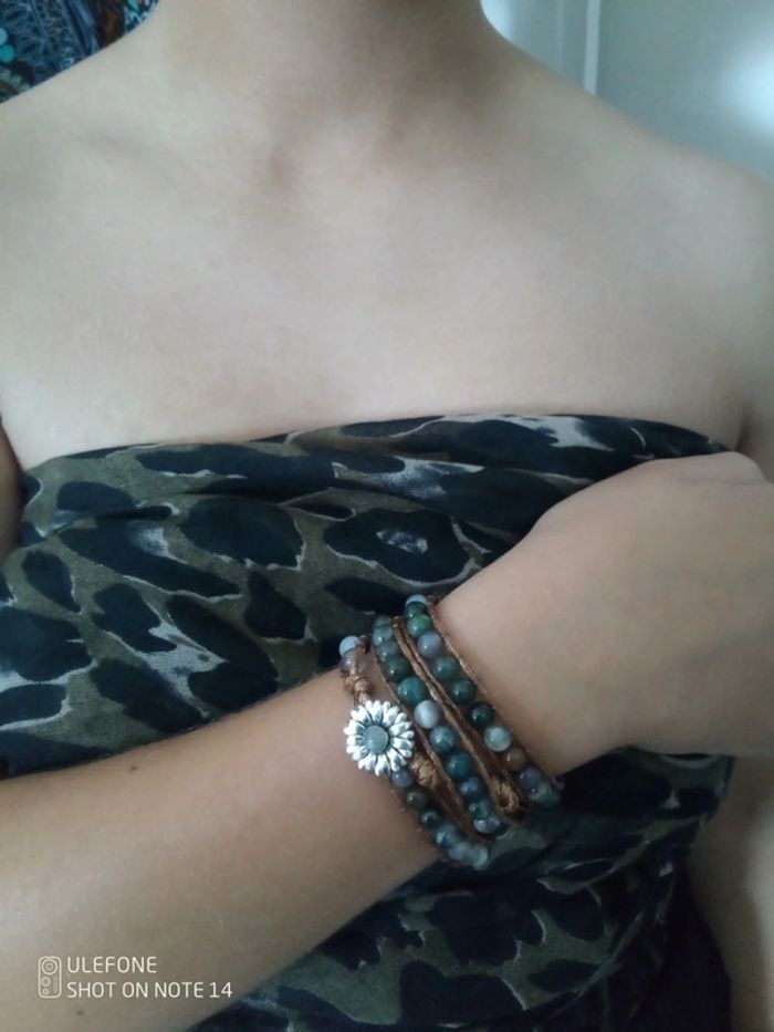 Bracelet bohemia en pierres naturelles d'agate indienne et labradorite et cordon cuir tabac - photo numéro 3