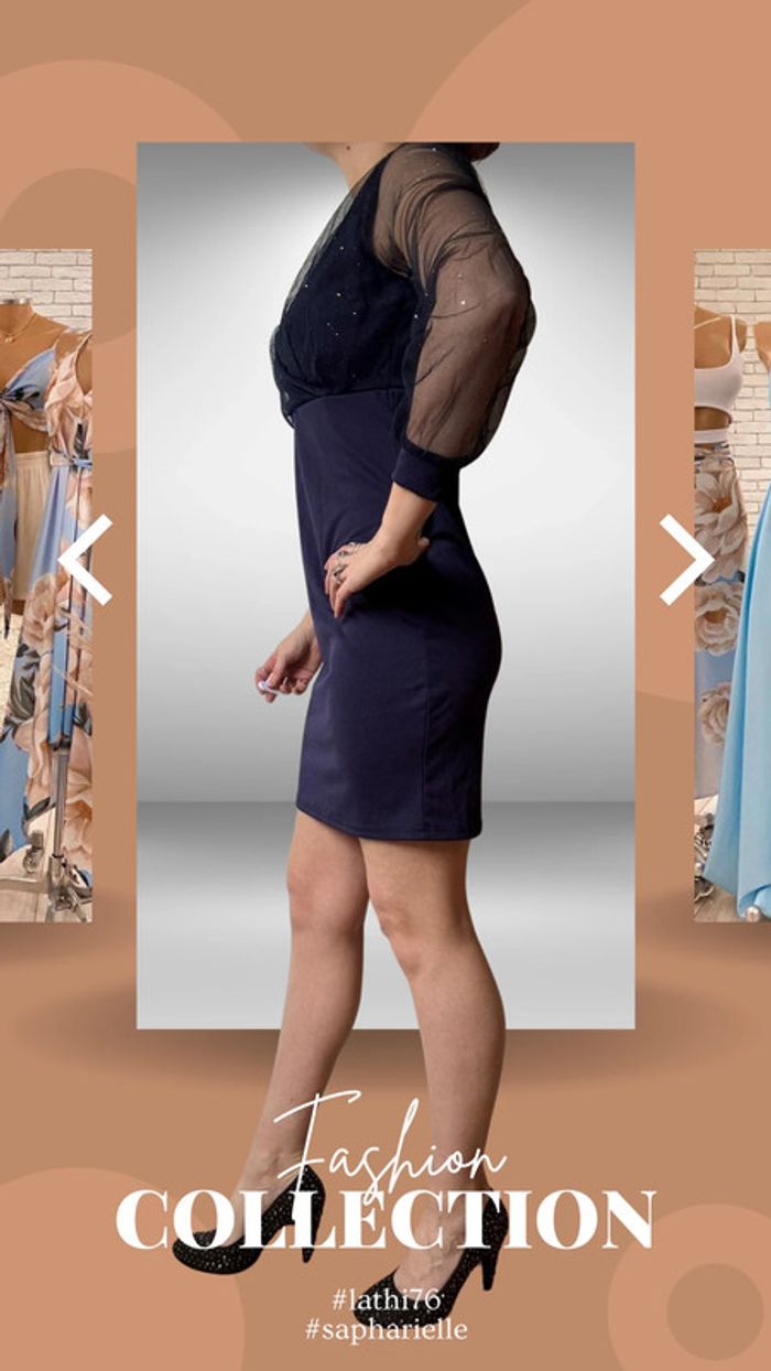 Robe de soirée bleu nuit en voile avec manches transparentes - photo numéro 3