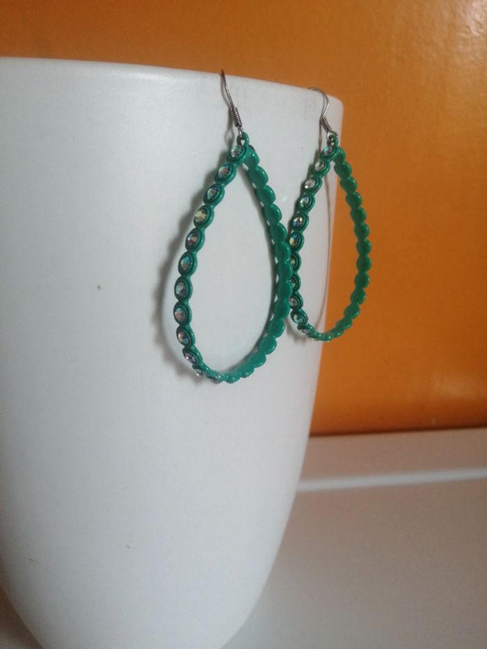 🌸Créoles allongées Acier turquoise "Tendance Acier" 🌸 - photo numéro 2