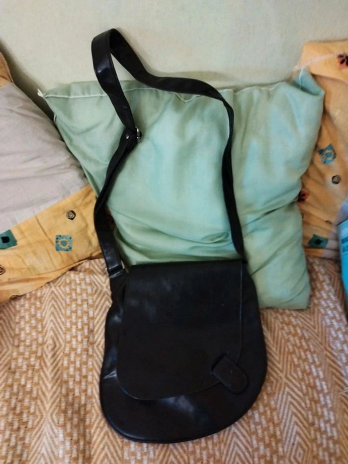 Sac noir bandoulière cuir et coton vintage bag - photo numéro 3