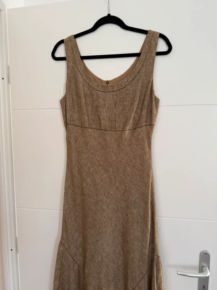 Robe longue marron bretelles été volant zip midi woman donna mujer 40 lin taupe Kleid dress Vestido - photo numéro 5
