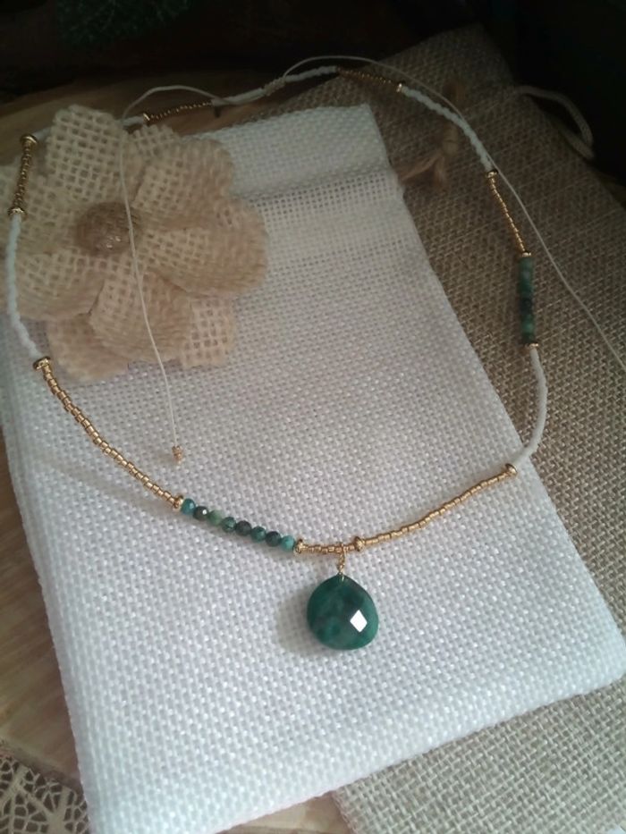 Collier pierres d'émeraude et chrisocole naturelles - photo numéro 6