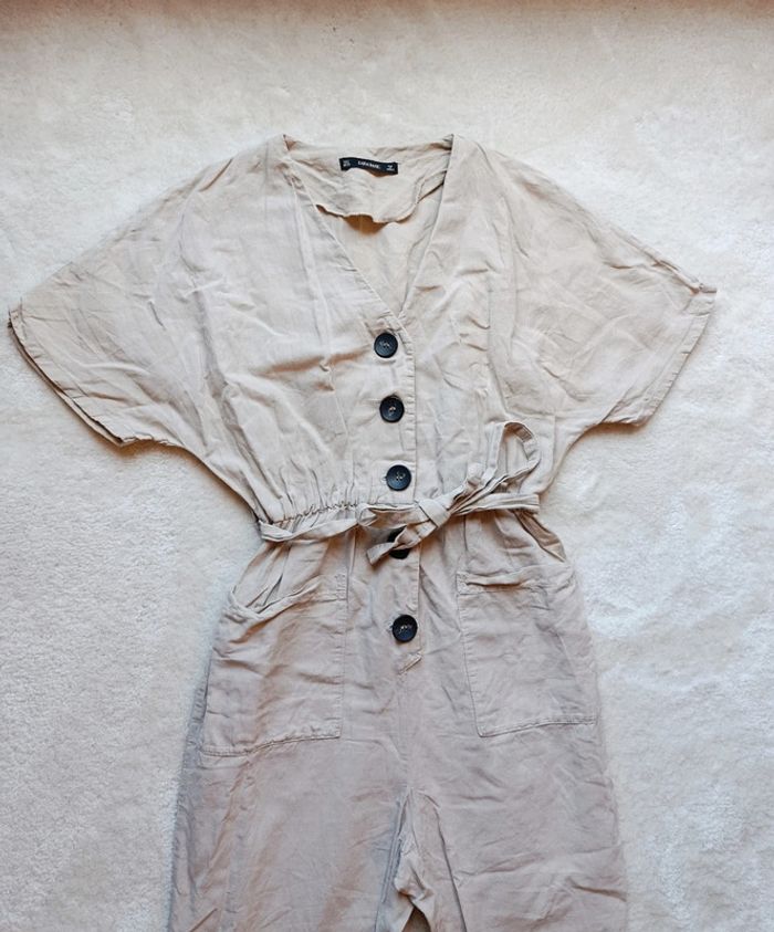 Combinaison Zara Basic S beige crème avec gros boutons et ceinture assortie coton lin - photo numéro 6