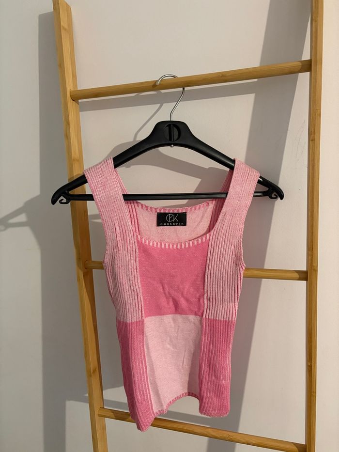 Débardeur Crop Top Carlopik Côtelé Rose Patchwork Taille M - photo numéro 7