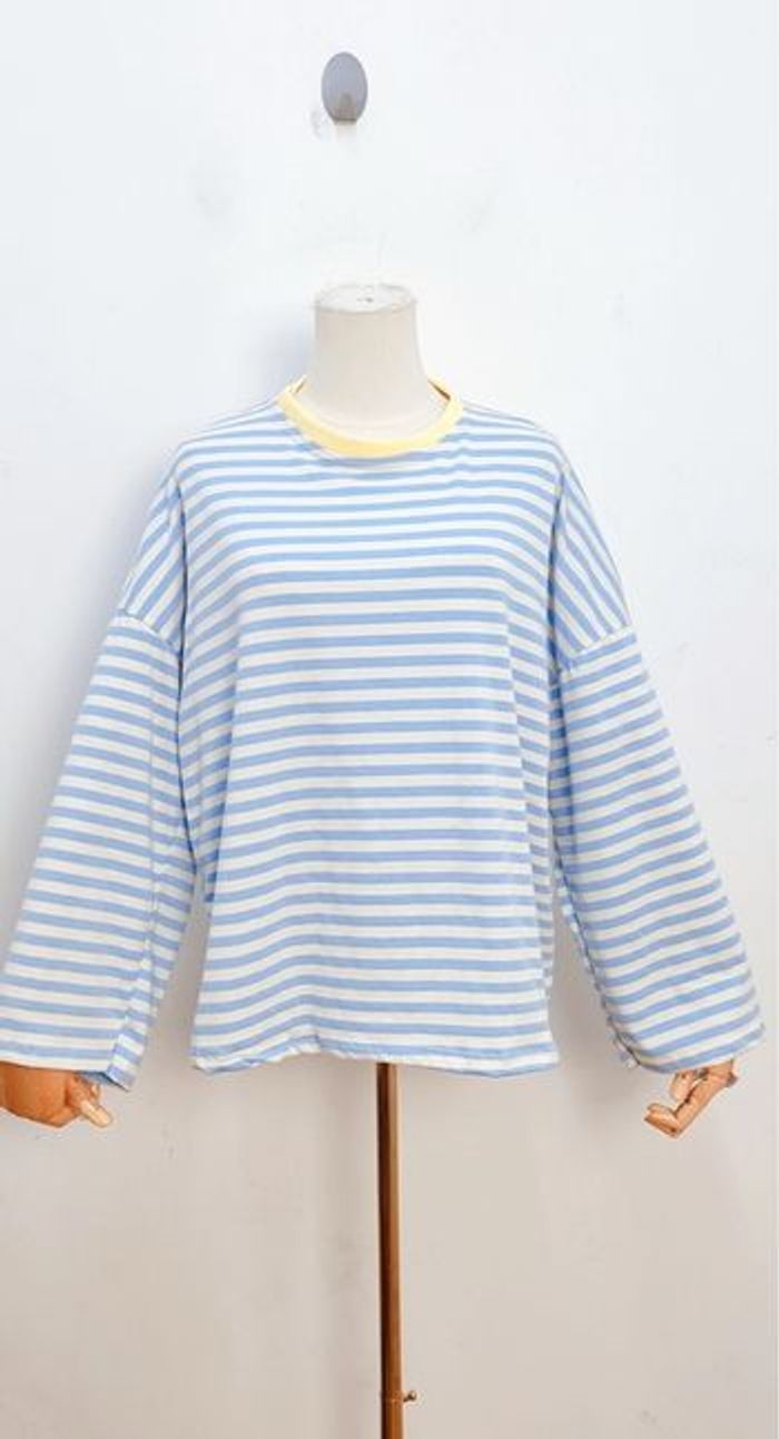 T-shirt rayé bleu ciel & blanc 💙 Style marinière oversize - photo numéro 3