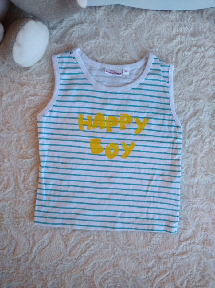 Débardeur tee shirt sans manche Garçon 9 mois Happy Boy Pommette 100% coton - photo numéro 2