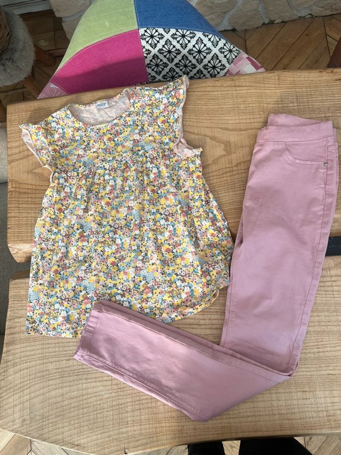 Ensemble 14 ans tape à l’œil t-shirt jean skinny rose jaune fleurs - photo numéro 3