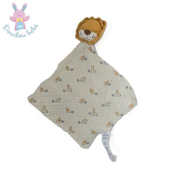 Doudou plat Lion lange tissu jaune blanc petits animaux OBAIBI