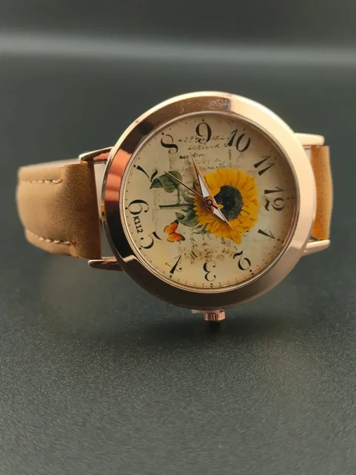 Montre marron, tournesol, vintage & bracelet de perles - photo numéro 4