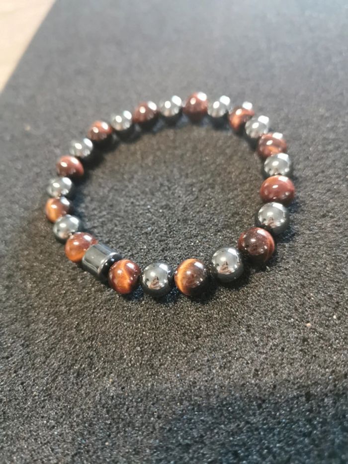 Bracelet tendance 8mm œil de tigre rouge et acier - photo numéro 2