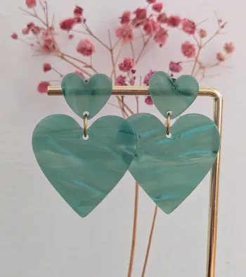 Boucles d'oreilles pendantes double cœur vert bleu
