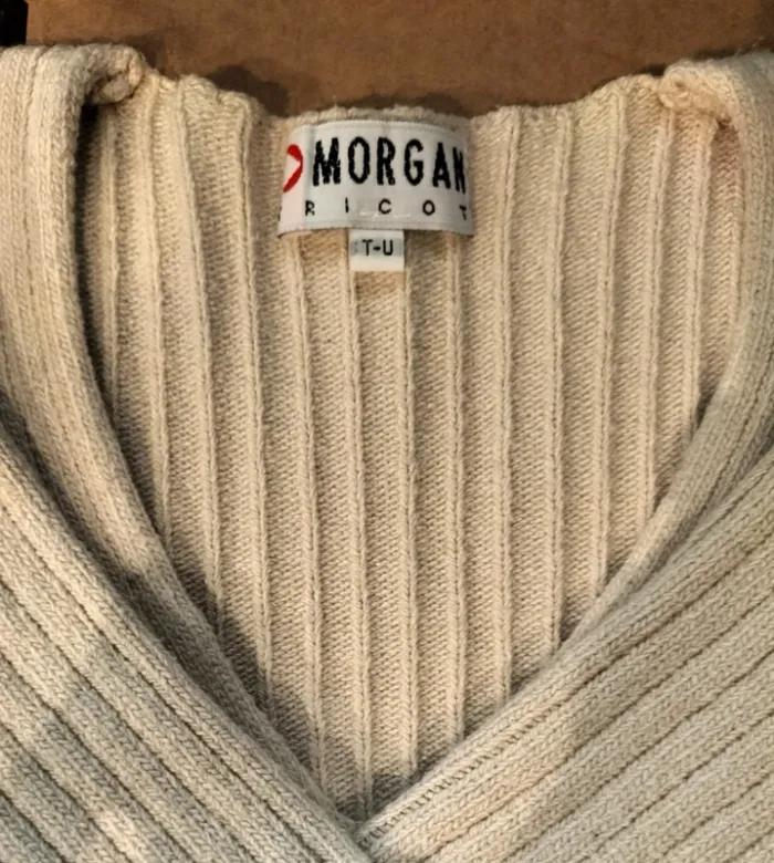 Pull court col V opaque manches 3/4 beige-crème - photo numéro 3