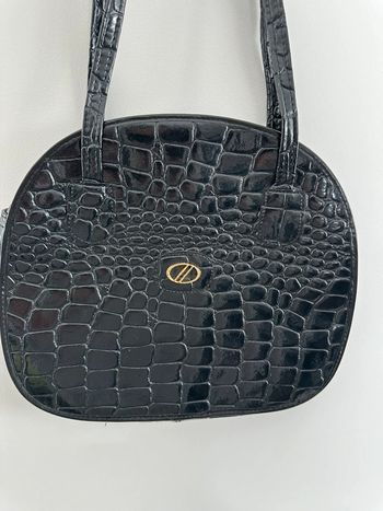 Sac à main ovale en cuir véritable vernis noir effet python serpent Vintage