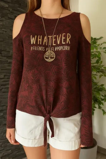 🛑Top fille bordeaux à nouer – motif feuilles – col ouvert – Gémo – 12 ans🛑