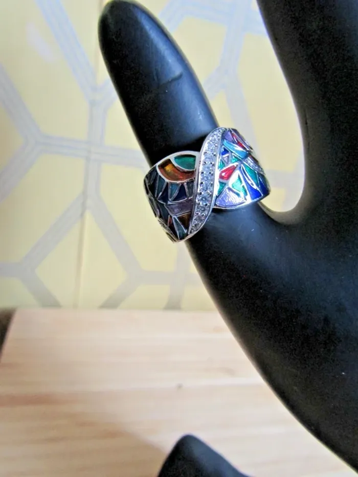 bague en acier argenté + émaux + diamants taille 6 = taille Française 51.9 = 16.5 mm - photo numéro 2