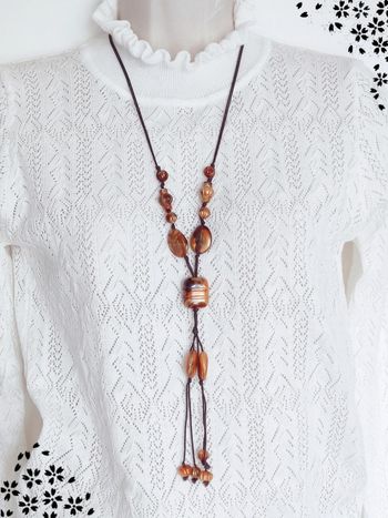 Collier sautoir tribal marron perle verre orange y2k