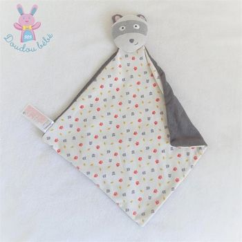 Doudou plat Renard Raton laveur masque gris blanc Vertbaudet
