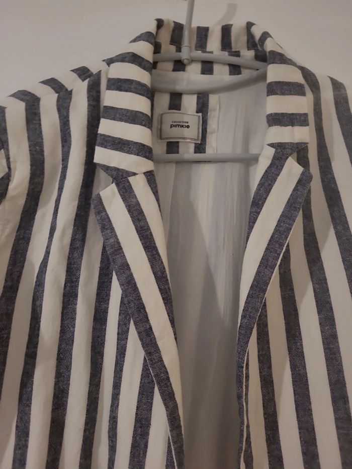Blazer femme veste tailleur bleu rayure blanche lin et cotonT42 TBE Pimkie - photo numéro 2