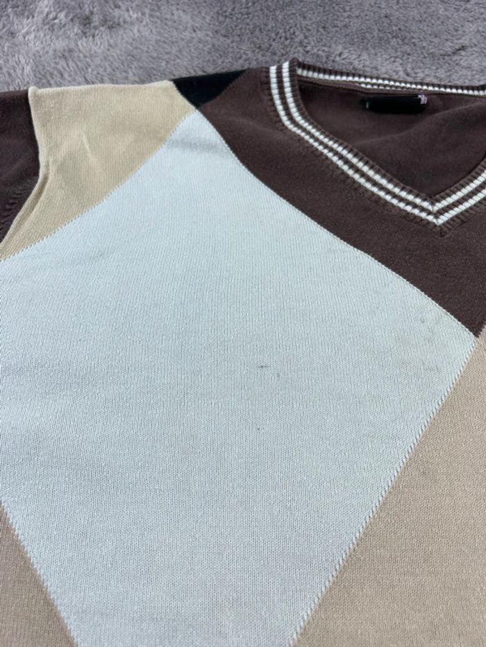 Pull Sweat col V Vintage Airness Marron Beige à Losanges 100% Coton Taille XL - photo numéro 16
