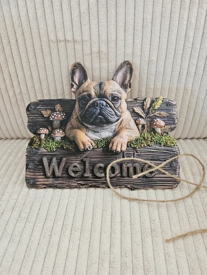 Plaque Welcome en bois avec joli Bouledogue français neuve