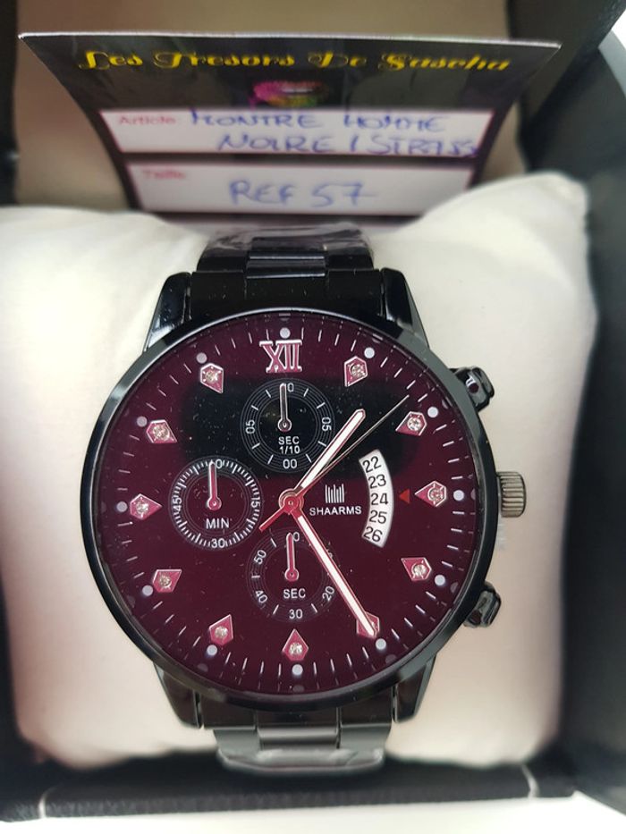 Montre Acier Noir Argenté Diamant Zirconiums Homme