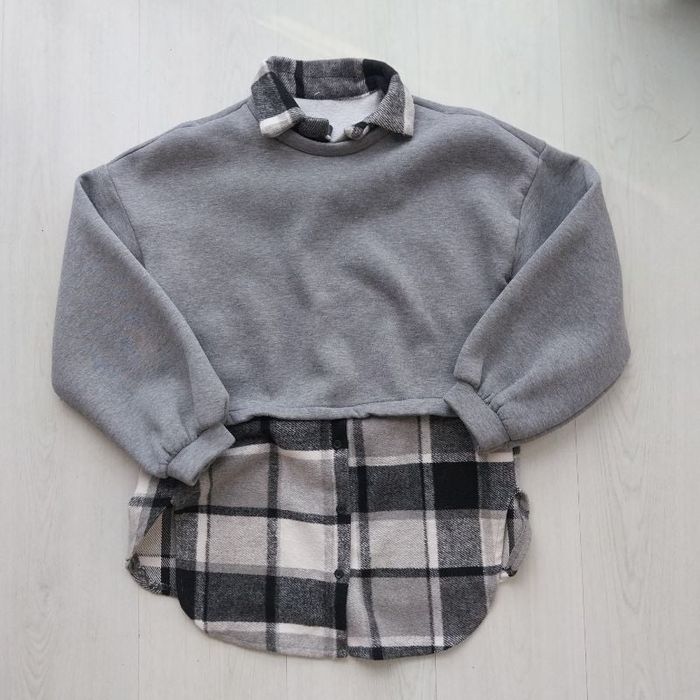 Sweat molletonné effet chemise intégrée tons gris carreaux L&S taille universelle