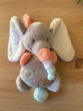 Doudou peluche petit  éléphant gris orange vert musical 🎶 nattou