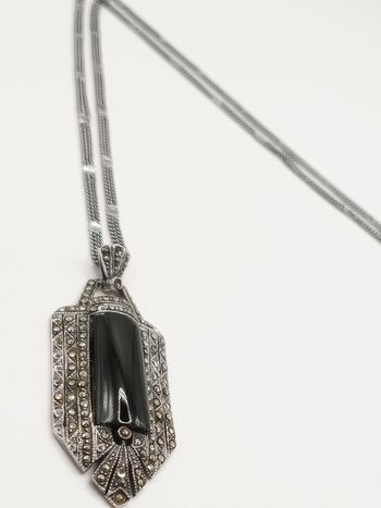 Collana argento 925 vintage antica stile art decò ciondolo onice e marcasiti