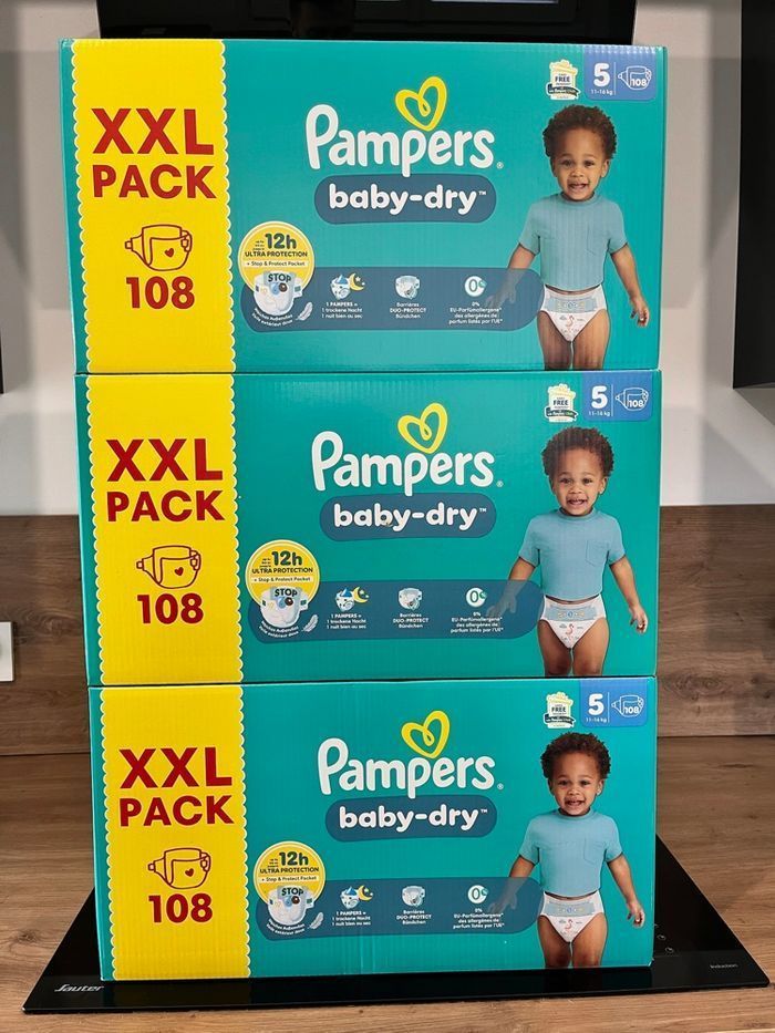 🔹 3 Packs Pampers Baby-Dry Taille 5 XXL Pack – 324 couches – Neufs scellés
