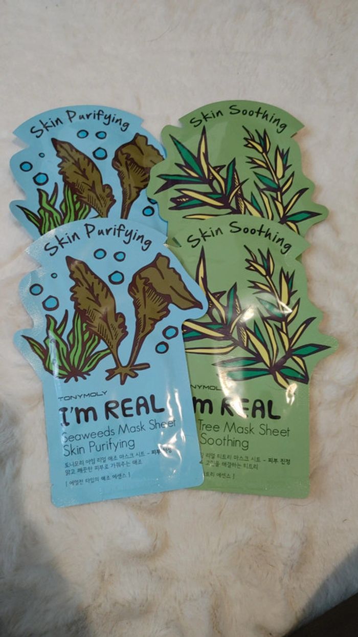 Lot de 4 masques de la marque coréenne Tony Molly tea tree et seaweed