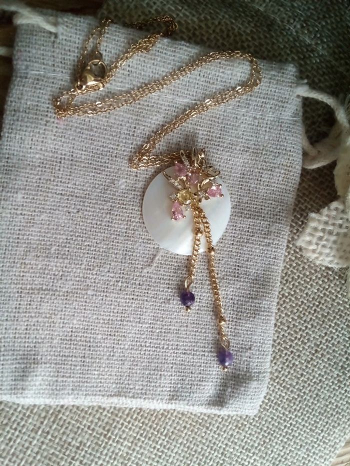 Collier pendentif fleurs n'a'c'r'e et pierres d'améthyste - photo numéro 2