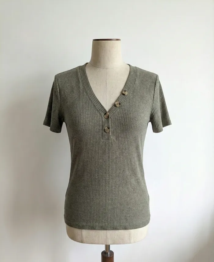 T-shirt Côtelé Kaki à Boutons Creeks - Taille L