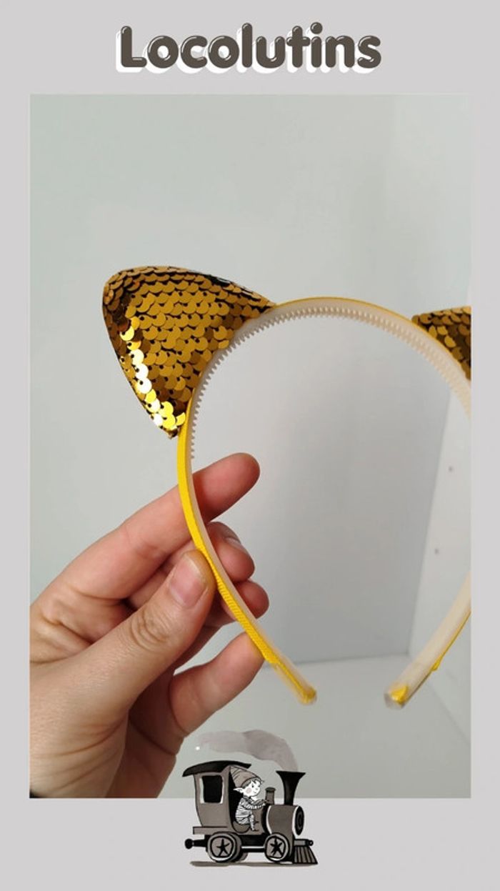 🚂 Serre-tête chat - doré à sequins - photo numéro 3