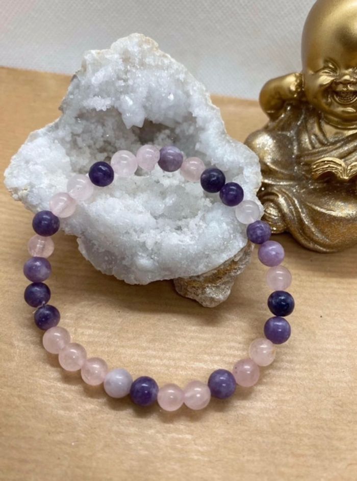 Bracelet lepidolite et quartz rose 18,5 cm , lithothérapie - photo numéro 3