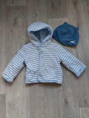 Veste lignée à capuche + bonnet mi-saison Mon premier major 12M