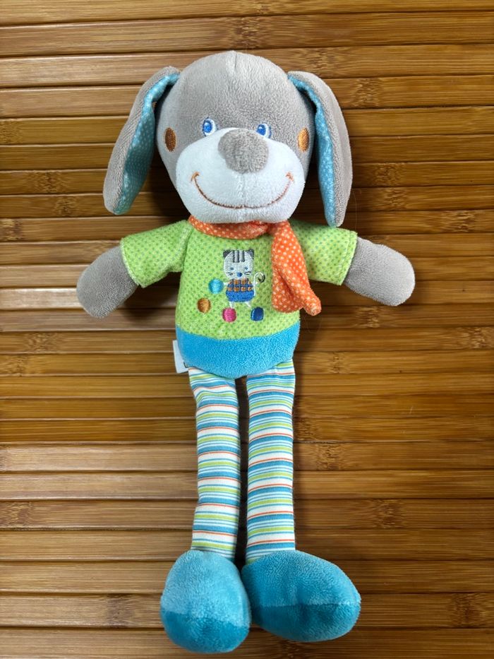 Doudou chien bleu vert jambes rayés mots d enfants - photo numéro 2