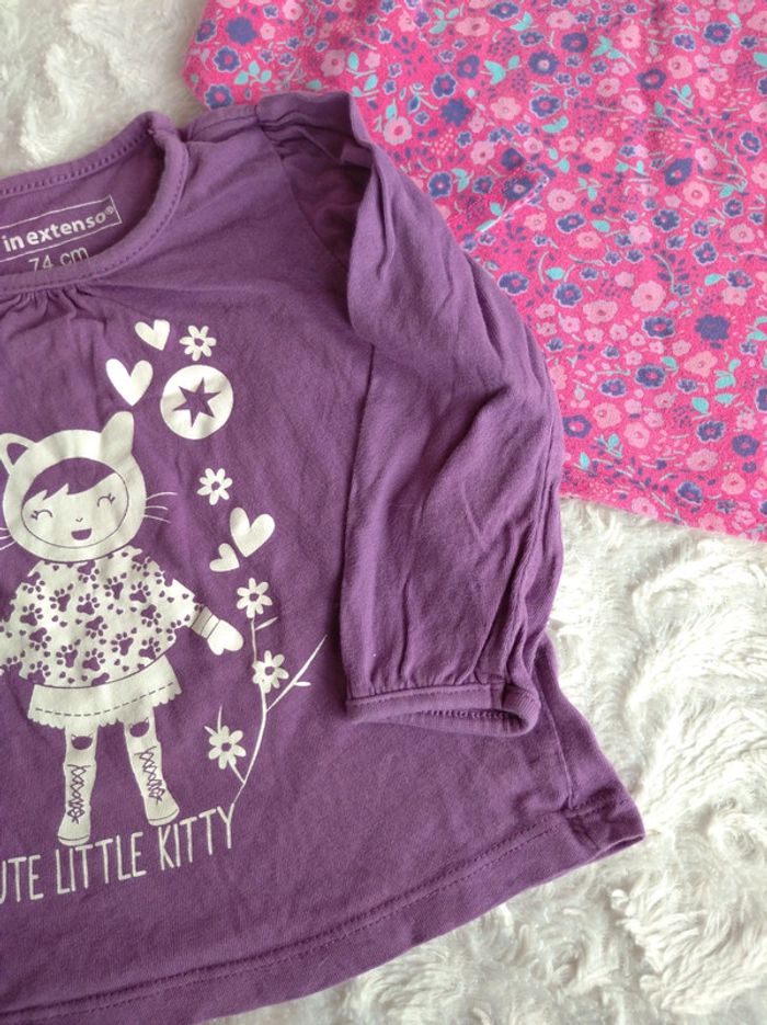 Lot de 2 tee shirt manches longues Fille 9 mois Fleurs Chat Cute Little kitty In Extenso 100% coton - photo numéro 6