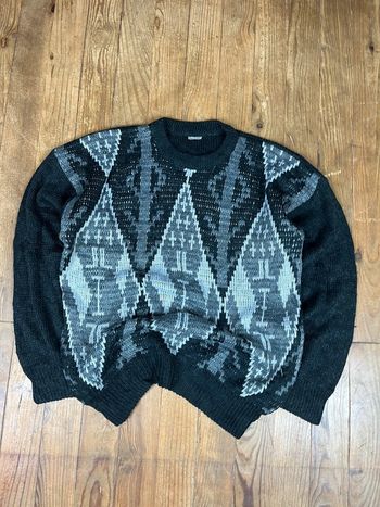 Pull maille vintage motifs noir gris L