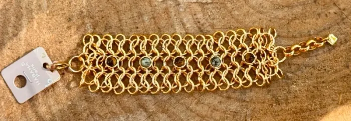 Bracelet manchette large  mailles larges pierres véritables amazonite œil de tigre habaha Paris - photo numéro 3