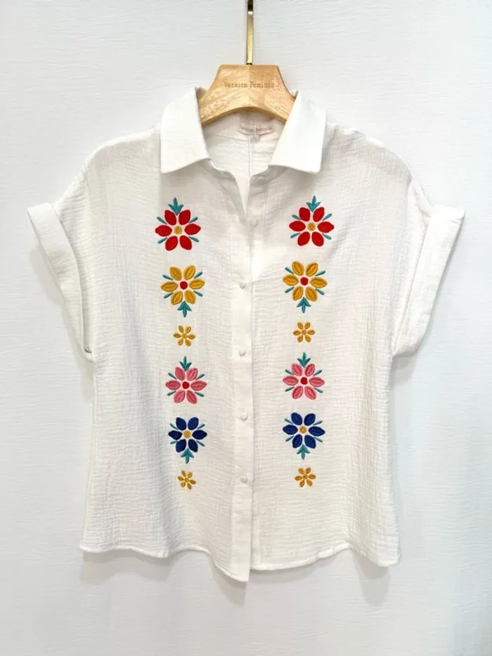 Chemise blouse blanche fleurs broderie coton