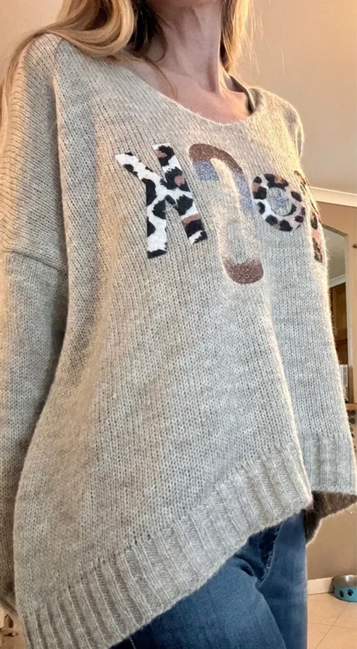 Pull marron-beige avec inscription Rock léopard -Taille unique - photo numéro 11
