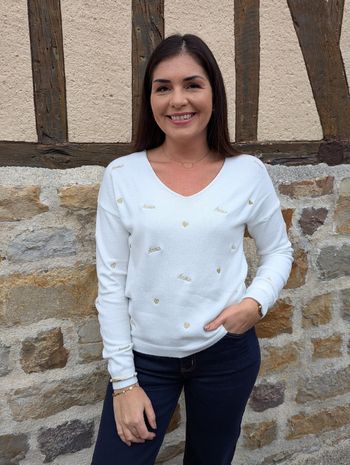 Pull fin col en V Amour blanc/or
Taille L