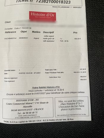 Collier Homme Maille Grain de Café Argent Histoire d'Or (50 cm)