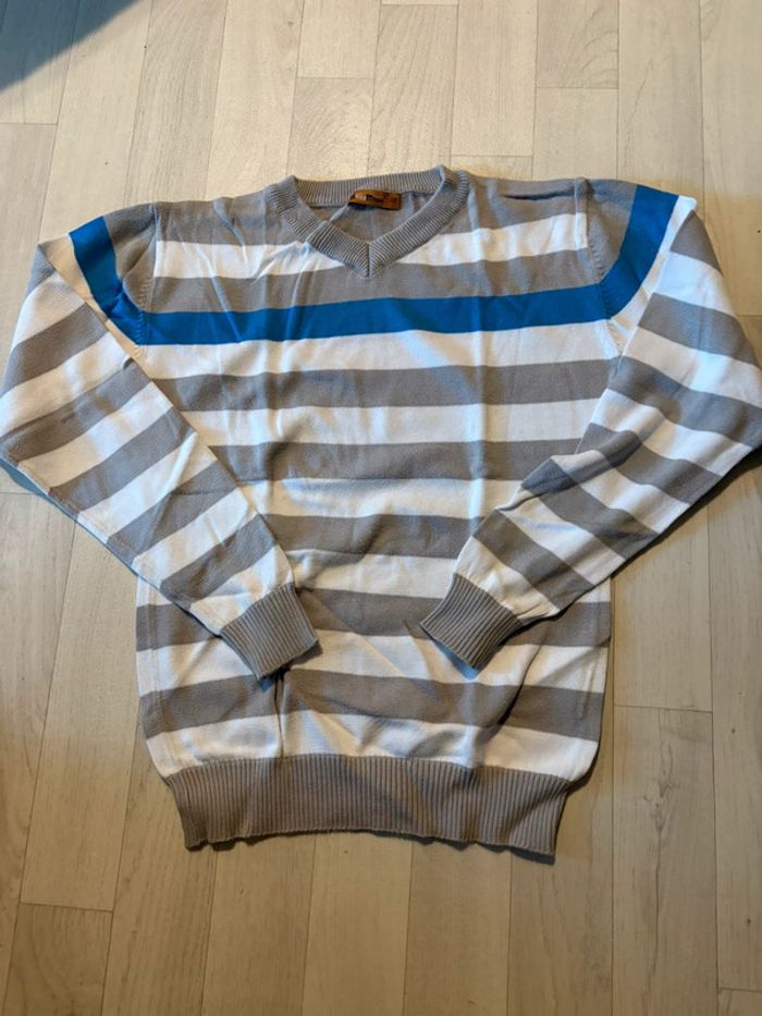 Pull 12 ans s1s mix à rayures gris blanc et bleu très bon état