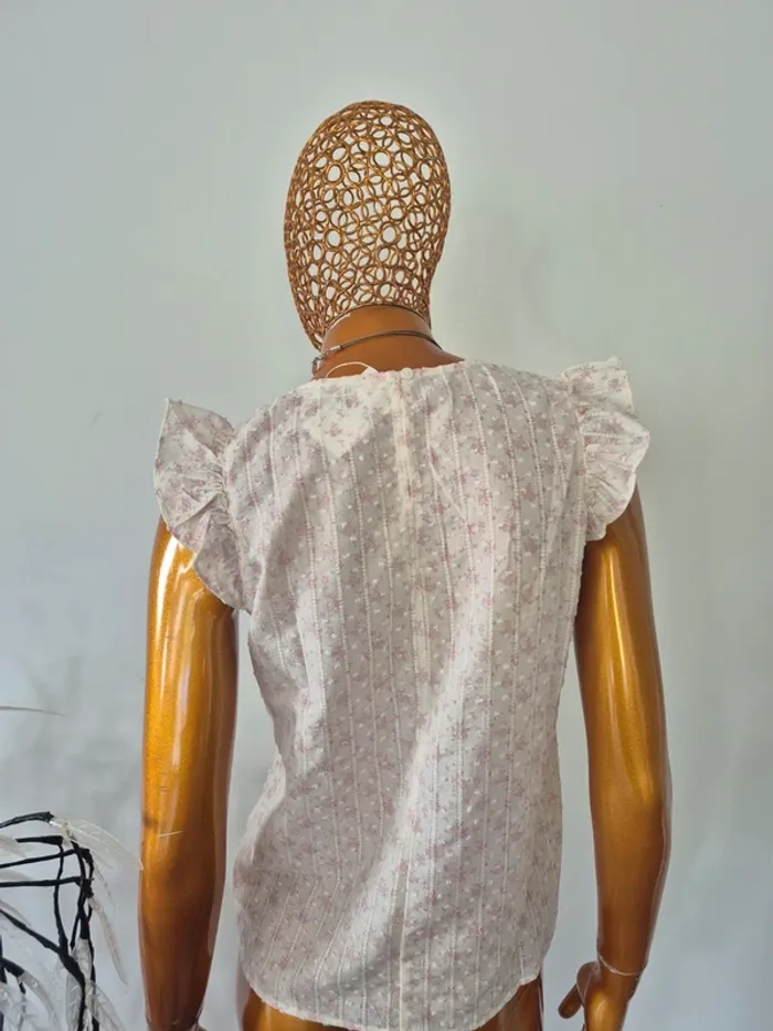 Blouse Manches Courtes Crème et Rose Femme Taille L/40 - photo numéro 2