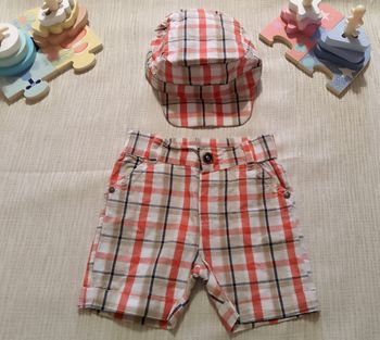 Ensemble short + casquette bébé 6M Pikouic carreaux coton été