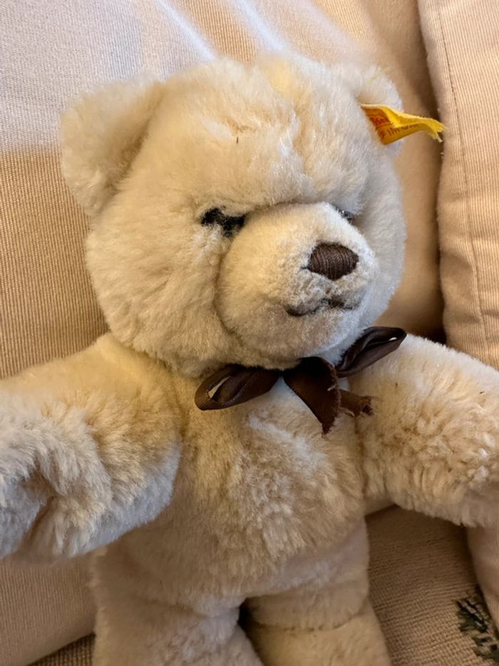 Ours ancien vintage Steiff peluche doudou debout 23cm crème miel noeud marron traditionnel - photo numéro 3
