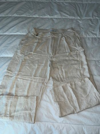 Pantalon Large Taille Haute Beige Lin Stradivarius 42