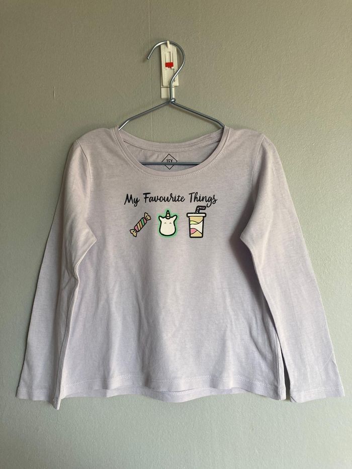 T-shirt fille TEX 4 ans manches longues lilas motif licorne – Très bon état